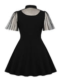 Turn Down Collar Hollow Out Sexy Party Short Dresses Vacation Summer Women Mesh Sleeve Cocktail Birthday Black Dress