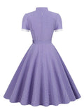 Lavender Contrast Collar and Cuff Plaid Rockabilly Vintage Style High Waist Women Summer Elegant Formal Swing Dresses