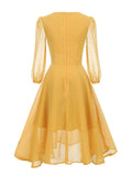 Ginger Tie Neck Hollow Out Front Swiss Dot Chiffon Elegant Midi Dresses Women Bishop Sleeve Vintage A-Line Autumn Dress