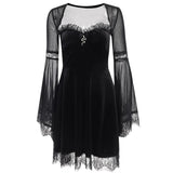 Gothic Flare Sleeve Lace Patchwork Women Draped Bodycon 40s 50s Retro Vintage Aesthetic Girls Sexy Lolita Dress