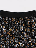 Floral Print Mesh Vintage Midi Skirts for Woman Elastic Waist Elegant Black Pleated A-Line Casual Long Skirt