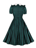 Contrast Collar Bow Front High Waist 40s 50s Vintage Dress Women Green and Black Striped Formal Pleated Dresses