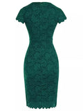 2024 Solid Green Lace Sheath Party Women's Dress Elegant Short Sleeve Bandage Retro Vintage1950s Office OL Wrap Pencil Dresses