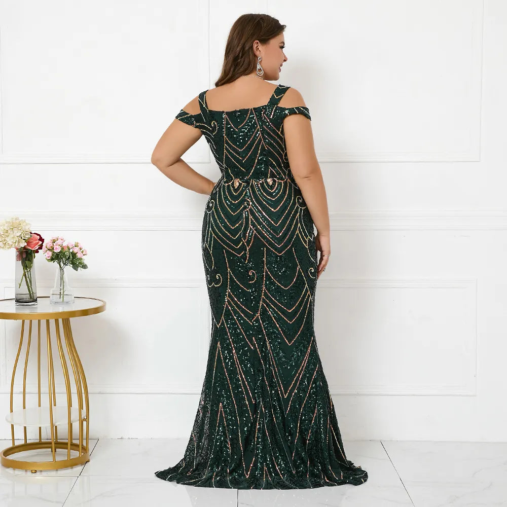 Plus Size Women Elegant Strap Party Maxi Dress Green Sequin Evening Dress Long Prom Dress
