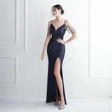 Women Backless Gold Sequin Dress Strap Beading Party Maxi Dress Sexy Slit Evening Dress Long Prom Dress