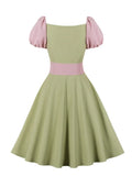 Pink and Blue Patchwork Puff Sleeve Vintage A-Line Dress Women Lace-Up Waist Polyester Dresses Party Night Elegant
