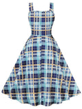 French Style Plaid Print Vintage Casual Summer Dress High Waist Sling Sexy Holiday Midi Evening Gowns 50s 60s Swing Pinup Dress