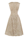Khaki Color High Waist Elegant Polka Dot Women Vintage Long Dress Sleeveless Pocket Side Ladies Midi Retro Dresses