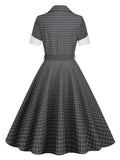 Notched Collar Single Breasted Women Grey Plaid Rockabilly Long Dresses High Waist Belted Vintage A-Line Dress