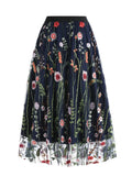 Floral Embroidered Mesh Overlay Lined Long Skirt Elastic Waist Women Elegant Festival Outfit Summer Vintage Skirts