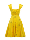 Vintage Yellow Cute Floral Print Dresses Casual Summer Women Cap Sleeve Square Collar Backless Elegant Skater Dress