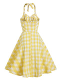 Vacation Women Summer Dress Sexy Backless Party Halter Neck Yellow Plaid 50s Vintage High Waist Ladies Swing Dresses