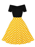 Two Tone Patchwork Polka Dot Vintage Summer A-Line Dress Women Off Shoulder Short Sleeve Dresses Party Elegant