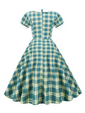 Penter-Pan Collar Button Front Green Plaid Rockabilly Vintage Dresses for Women High Waist Elegant A-Line Dress