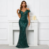 Women Feather Long Prom Dress Off Shoulder Green Sequin Evening Dress Sexy Party Maxi Dress