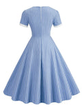 Square Neck Striped Vintage Rockabilly Dress Elegant Clothes Women Short Sleeve High Waist A-Line Cotton Dresses