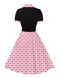 Heart Print and Black Patchwork Elegant Dresses for Women Notched Collar Buttons 40s 50s Vintage Pleated Dress