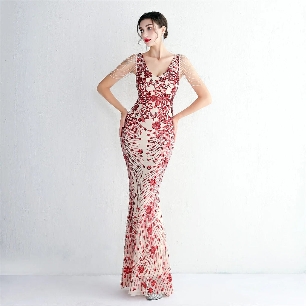 Women Beading Long Prom Dress V Neck Red Sequin Evening Sexy Party Maxi Dress