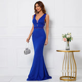 Sexy V Neck Beading Party Maxi Dress Blue Color See Through Long Evening Prom Dress