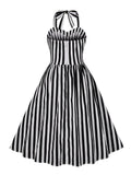 Black and White Striped Women Evening Party Vintage Dresses Halter Sweetheart Neck Pleated Cotton Backless Dress