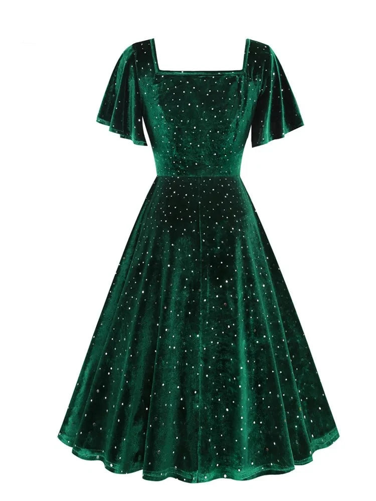 Dotted Velvet Green Elegant Party Christmas Winter Dresses for Women S jetechband Dotted Velvet Green Elegant Party Christmas Winter Dresses for Women S jetechband