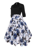 Square Neck Black and Floral Print 50s Robe Vintage Dress Fall Outfits Women Half Sleeve Cotton Midi Dresses