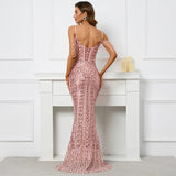 Women Pink Sequin Strap Beading Party Maxi Dress Sexy V Neck Evening Dress Long Prom Dress
