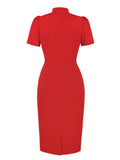 Knot Tie Neck Button Up Purple Vintage 50s Wiggle Dress Women Elegant Short Sleeve Bodycon Solid Summer Dresses