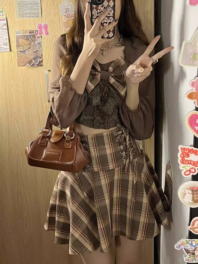 Hot Girl Plaid Set Bow Tie Crop Top Shirt Autumn Pleated Mini Fried Street Skirt Y2k Two Piece Set