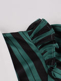 Contrast Collar Bow Front High Waist 40s 50s Vintage Dress Women Green and Black Striped Formal Pleated Dresses