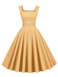 Square Neck Yellow Corduroy Women High Waist Vintage 50s Tank Dress Sleeveless Elegant Pocket Summer Ladies Midi Dresses
