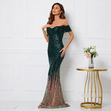 Women Elegant Boat Neck Party Maxi Dress Off Shoulder Black Sequin Evening Dress Long Prom Dress