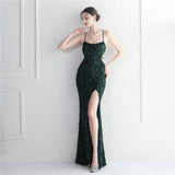 Backless Sexy Slit Long Sequin Party Evening Dresses Luxury V Neck Velvet Stretch Sleeveless Cocktail Prom Dress