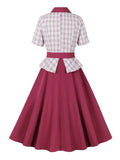 Plaid and Fuchsia Formal Peplum Dress Women Elegant Notched Collar Button Up Patchwork Vintage Midi Ladies Dresses