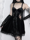Spaghetti Straps Sexy Gothic Velvet Party Cosplay Halloween Bandage A Line Flare Dress Y2k 90s Dark Red Black Dress
