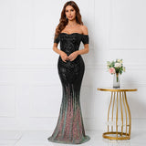 Women Elegant Boat Neck Party Maxi Dress Off Shoulder Black Sequin Evening Dress Long Prom Dress