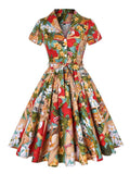 50s Pinup Elegant Woman and Floral Print Cotton Dress Turn Down Collar Button Front Belted Evening Midi Dresses
