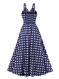 Spaghetti Strap V-Neck Plaid Blue Summer Dress Women Shirred Back Elegant Vacation Beach Vintage Long Dresses