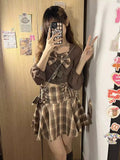 Hot Girl Plaid Set Bow Tie Crop Top Shirt Autumn Pleated Mini Fried Street Skirt Y2k Two Piece Set