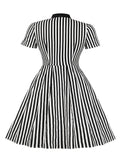 White and Black Stripes Bow Neck Cotton Rockabilly Dresses for Women Single Breasted Pockets Long Dress Vintage 4XL