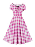 Drawstring Sweetheart Neck Pink Plaid Print Vintage Dresses Women 2024 Summer Vacation Prom Birthday Party A-Line Dress