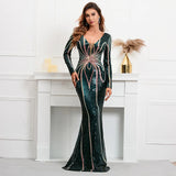 Stretch Gold Sequin Maxi Dress Full Sleeve V Neck Mermaid Evening Night Long Party Dress