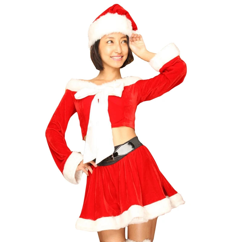 Christmas Mrs. Claus Costume Outfit for Women, Off Shoulder Long Sleeve Crop Tops with Skirt and Leg Warmers