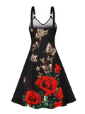 Butterfly and Blue Floral Vintage V-Neck Sleeveless Tank Dress Women Prom Party Backless Casual A-Line Dresses