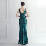 Women Sexy Slit Party Deep V Neck Green Sequin Evening Dress Long Prom Dress