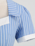 Square Neck Striped Vintage Rockabilly Dress Elegant Clothes Women Short Sleeve High Waist A-Line Cotton Dresses