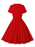 Vintage Retro Women Red Solid Dress Party Evening Elegant V-Neck Button Front Short Sleeve Summer Belted Swing Dress