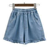 Short Pants for Woman To Wear Elastic Waist Women's Shorts Denim Mid Length Kawaii Cute Ruffle Knee Jeans Bermuda Half Outdoor