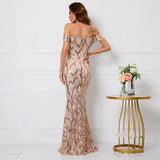 Women Elegant Party Maxi Dress Off Shoulder Gold Sequin Evening Dress Long Prom Dress