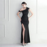 Slash Nech Feather Party Maxi Dress Women Sexy Slit Long Prom Evening Dress